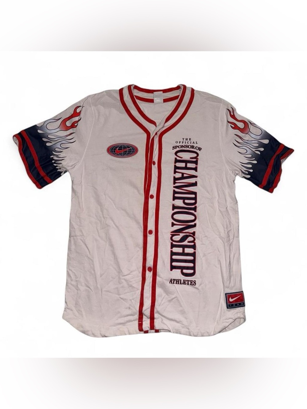 Nike White Red & Navy Flame-Detail Button-Up Jersey